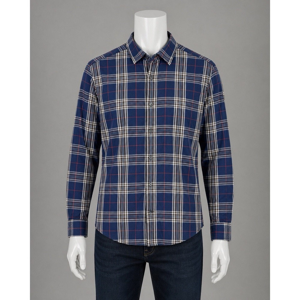 Banana Republic Shirt Men's Large 16-16.5 Navy Plaid Slim Fit Button Down Cotton